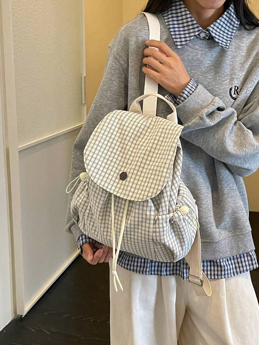 Casual Daypack, Cream Grid Check Pattern Backpack, Drawstring Cinch Top & Front Pocket, Campus Weekend Trip, Soft Fabric Top Handle Rucksack - Multicolor - View 1