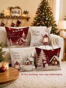 4 Stück, 2D flacher Muster Vintage Weihnachts Kissenbezüge Winter Landhaus Feiertags Dekoration, keine echte Stickerei, Wohnzimmer Raum Dekoration Kissenbezug, Weihnachts- und Neujahrs Heimdekoration, ohne Kissenkern, einseitiger Muster, Geschenke - Rot-Weiß - Übersicht 1