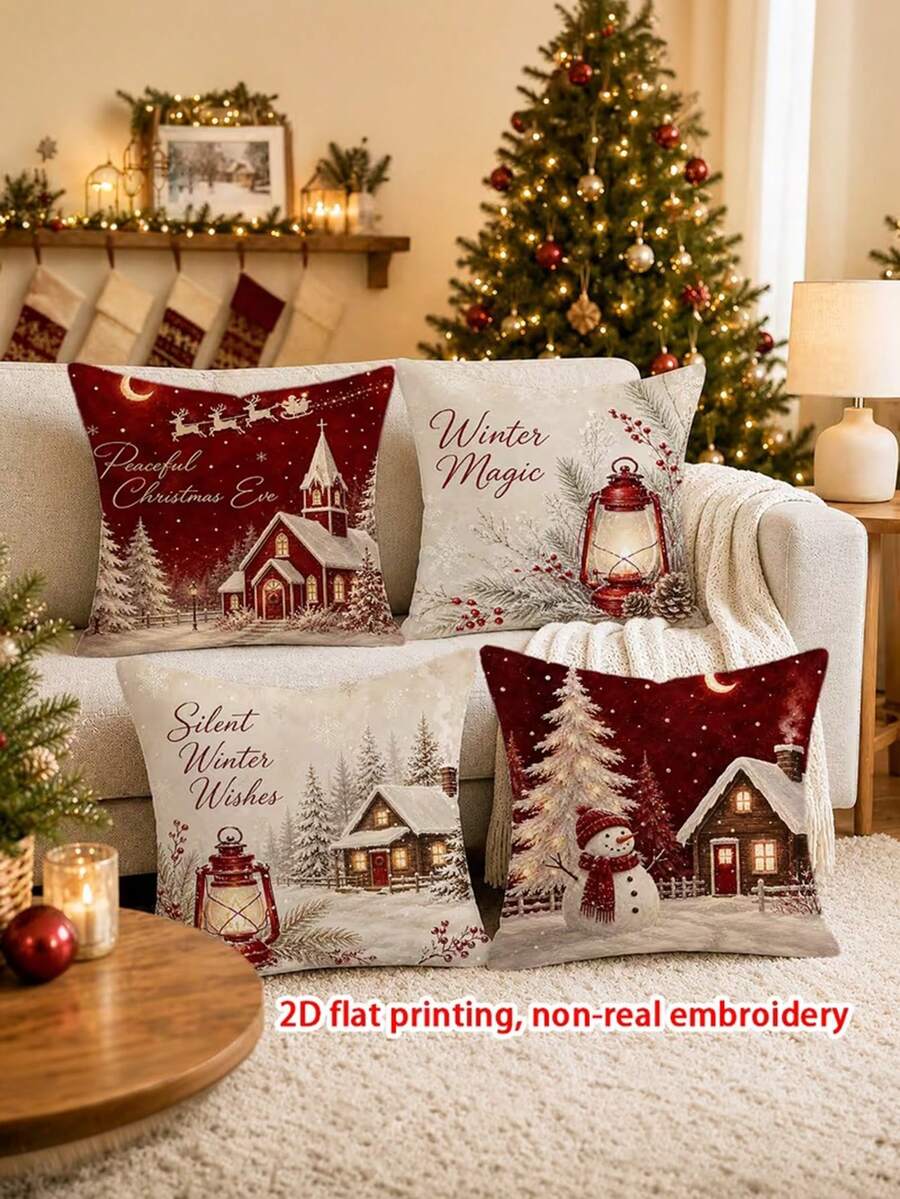 4 Stück, 2D flacher Muster Vintage Weihnachts Kissenbezüge Winter Landhaus Feiertags Dekoration, keine echte Stickerei, Wohnzimmer Raum Dekoration Kissenbezug, Weihnachts- und Neujahrs Heimdekoration, ohne Kissenkern, einseitiger Muster, Geschenke - Rot-Weiß - Übersicht 1
