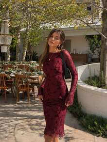 Robes florales VINOVA pour femmes, robe midi élégante à manches longues et dos nu, tenues de festival d'automne et d'hiver, robe du Nouvel An, robe de Noël, Halloween - Rouge foncé - Voir 6