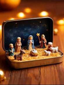 Set Adegan Kelahiran Yesus dari Kotak Kaleng Portabel, Adegan Palungan Keluarga Kudus, Dekorasi Meja Keagamaan Natal, Hadiah Keimanan Natal - Berbagai gaya - View 8