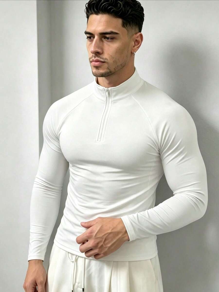 ZYNTH BALENO Kaos Pria Lengan Panjang Slim Fit Lengan Raglan Kerah Resleting, Cocok untuk Gym, Lari, dan Mendaki - Putih - View 1
