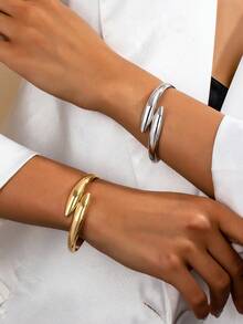3/1 Set Gold Color Modern Minimalist Hollow Geometric Metal Bangle Bracelets - Yellow Gold - View 11