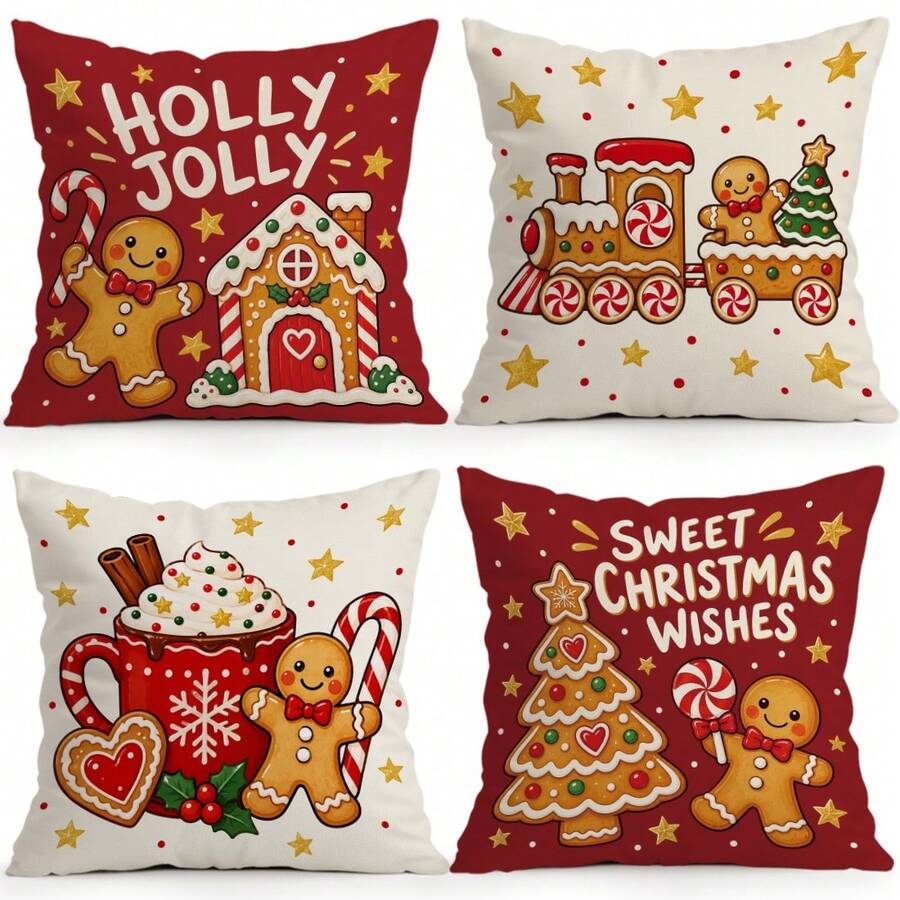 4pcs/1pc Christmas Gingerbread Man Pattern Pillow Case, Single-Sided Printed Pillow Case, Suitable For Living Room, Bedroom, Home Decor, All-Season Pillow Case - Multicolor - View 1