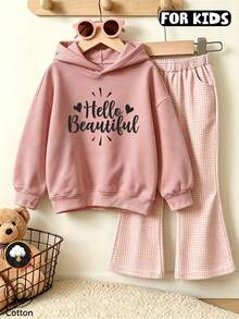 هودي للبنات بطبعة حروف Hello Beautiful وقلب، سويت شيرت كاجوال بأكمام طويلة وغطاء رأس بتصميم بول أوفر - وردي لحمي - مشاهدة 1