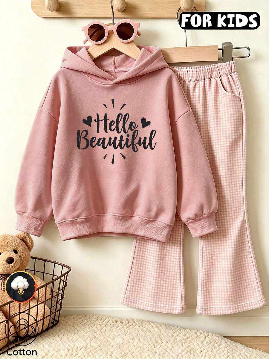 هودي للبنات بطبعة حروف Hello Beautiful وقلب، سويت شيرت كاجوال بأكمام طويلة وغطاء رأس بتصميم بول أوفر - وردي لحمي - مشاهدة 1