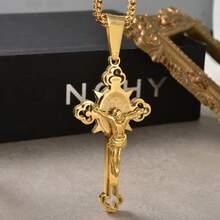 1pc Personalized 18K Gold-Plated Stainless Steel Three-Dimensional Retro Jesus Pendant Necklace, Hip-Hop Style, Suitable For Men Daily Wear - Gold - View 4