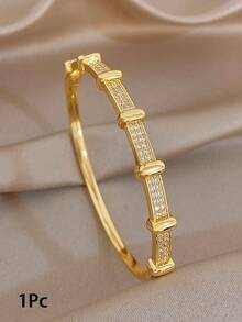 1Pc/Set Elegant Gold Plated Rectangular Shiny Zirconia Stack Bangle Bracelet Set,Gold Jewelry For Women,Daily,Party,Wedding,Valentine Gifts,Christmas - Multicolor - View 12