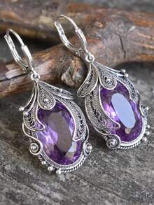 2pcs Set Exquisite Water Drop Shaped Gemstone Earrings, Paired With Bohemian Style Vintage Purple Women's Pendant Earrings - Purple - View 9