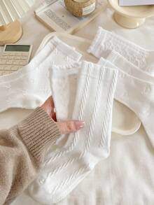 4 Pairs Women's Solid Color Ruffle Trim Cable Knit Printed Mid-Calf Socks, Soft And Comfortable, Suitable For All Seasons, Random Color - White - View 7