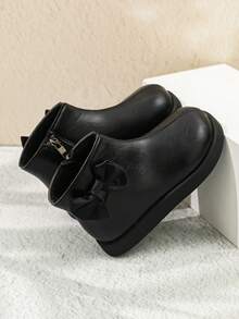 1 Pair Girls' Bow Round Toe Sweet Style Side Zipper Ankle Boots, Suitable For Autumn/Winter Daily Wear - Black - View 4