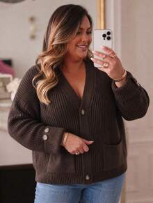 Plus Size Women Solid Color Casual Versatile Daily Wear Cardigan - Coffee Brown - View 1