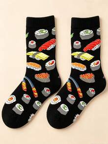1 Pair Unisex Sushi Jacquard Mid-Calf Socks, Creative Fun Food Pattern, Comfortable Casual Socks, Autumn - Multicolor - View 5