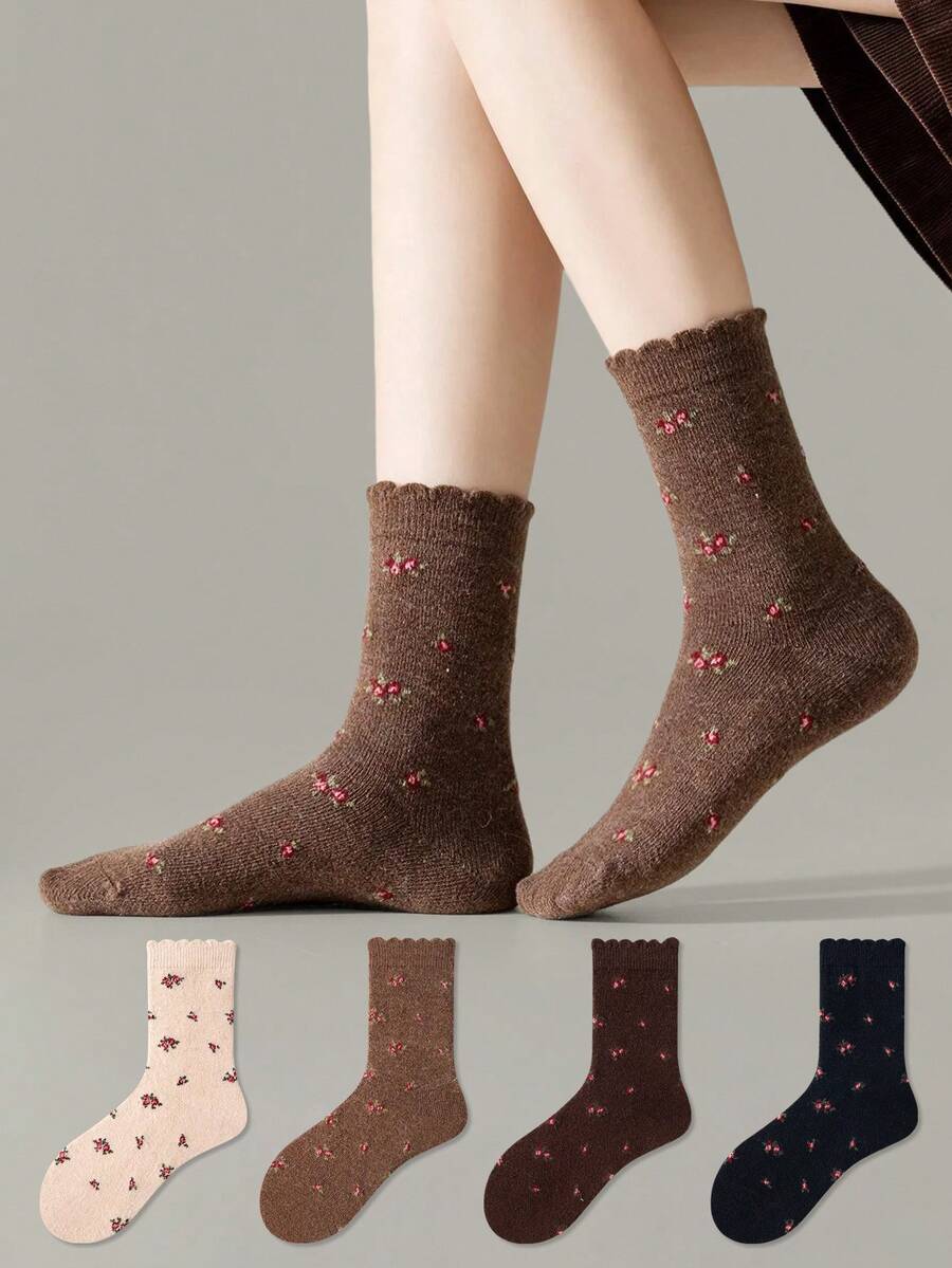 ZUJO 4 Pairs Women's Mid-Calf Socks With Bubble Lace Ruffle Trim And ...