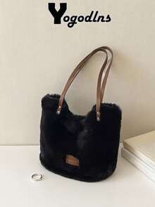 Yogodlns New Women's Large Capacity Furry Tote Bag Commute Shoulder Underarm Bag Soft Plush Winter Daily Bucket Handbags - Black - View 1