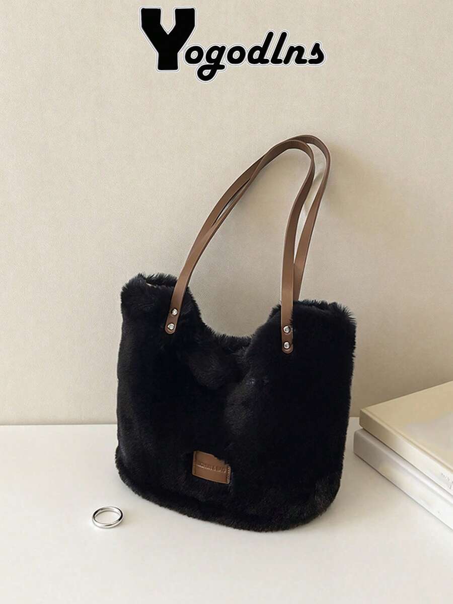 Yogodlns New Women's Large Capacity Furry Tote Bag Commute Shoulder Underarm Bag Soft Plush Winter Daily Bucket Handbags - Black - View 1
