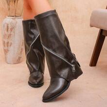Women's Pointed Toe Ruched Mid-Calf Boots With Asymmetrical Diagonal Zipper And Metal Decor, Wide Leg Chunky Heel Boots In Dark Brown Vintage Distressed Leather, Western Style Fashion Boots For Autumn/Winter, Comfortable Sole, Easy To Wear - Brown - View 5