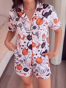 Conjunto de pijama de 2 piezas para mujer con estampado de Halloween pintado a mano estilo vintage, manga corta, top tipo cárdigan con cuello y shorts, nuevo para verano, suave, amigable con la piel, transpirable y ligero, ropa de casa que también se puede usar fuera, corte holgado casual, favorecedor para todo tipo de Body, disponible en varias tallas, estilo dulce y juvenil, versátil y atemporal, conjunto esencial de ropa de dormir cómoda para mujer, equilibrio entre moda y comodidad, adecuado para diversos escenarios del hogar - Blanco - Ver 7