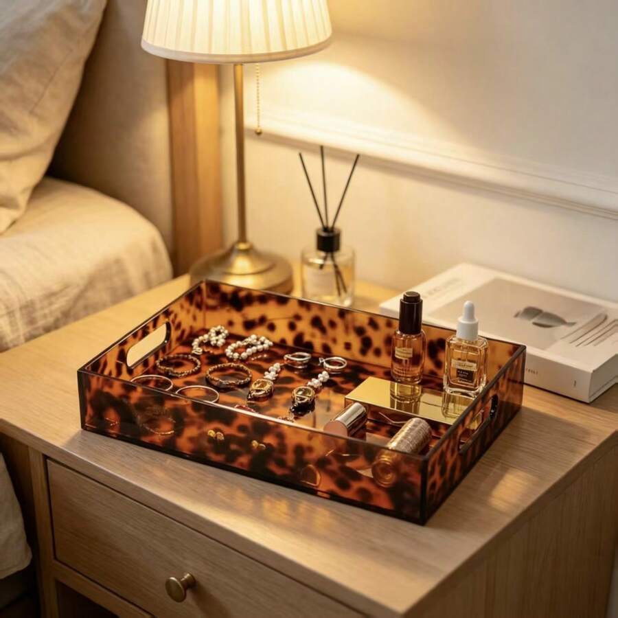 Stylish Tortoiseshell Acrylic Tray, Decorative Jewelry & Cosmetic Organizer With Cutout Handles, Elegant Vanity Storage For Perfume Makeup Rings, Boho Home Table Decor, Perfect Birthday Gift For Her - Leopard Print - View 1