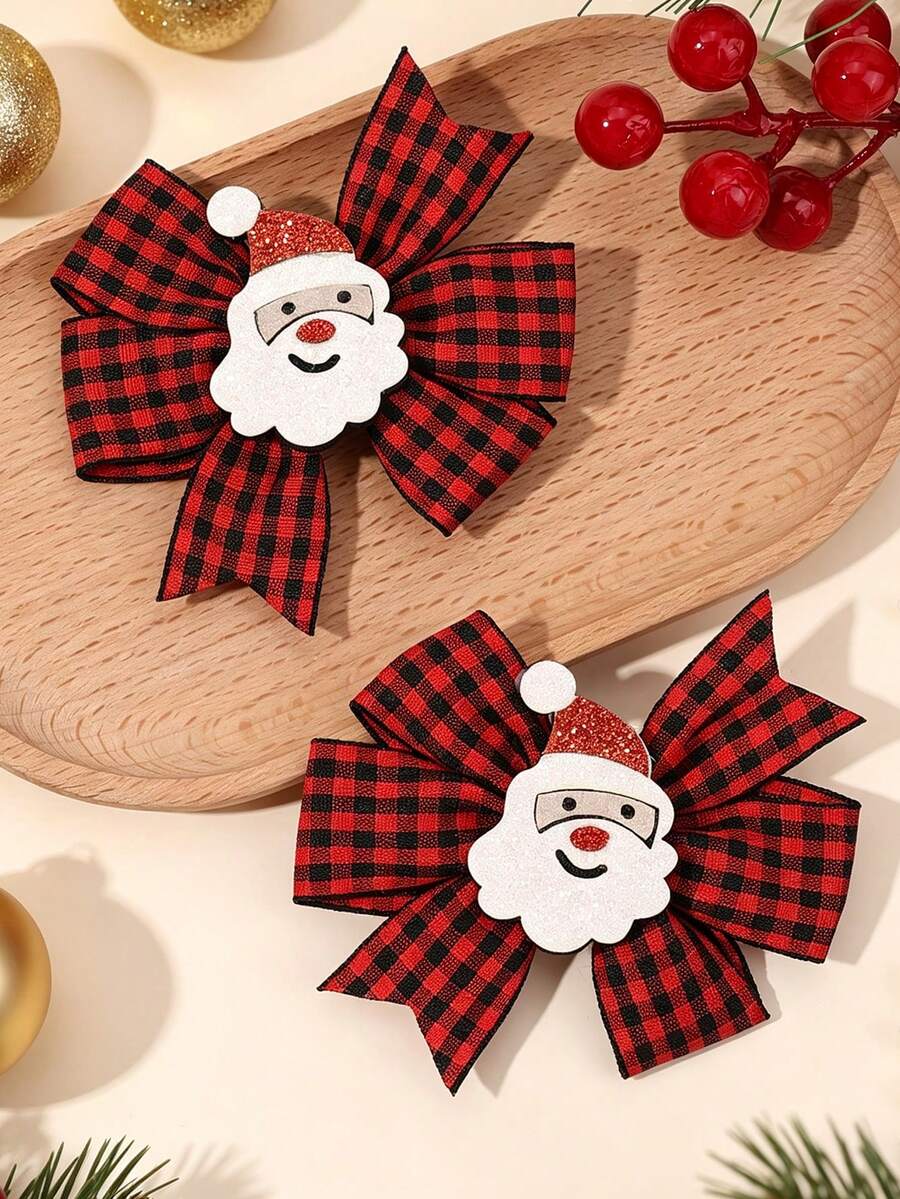 2PCS Christmas Bell Grid Bow Hair Clip Green Ribbon Hair Clip Merry Christmas Party Girl Gift Kid's Hair Accessories - Multicolor - View 1