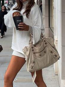 Unadoll Women Fall Winter White Textured Knit Two Pieces Outfit, Elegant Basic Turtleneck Top & Shorts Set For Back To School, Daily Going Out - White - View 3