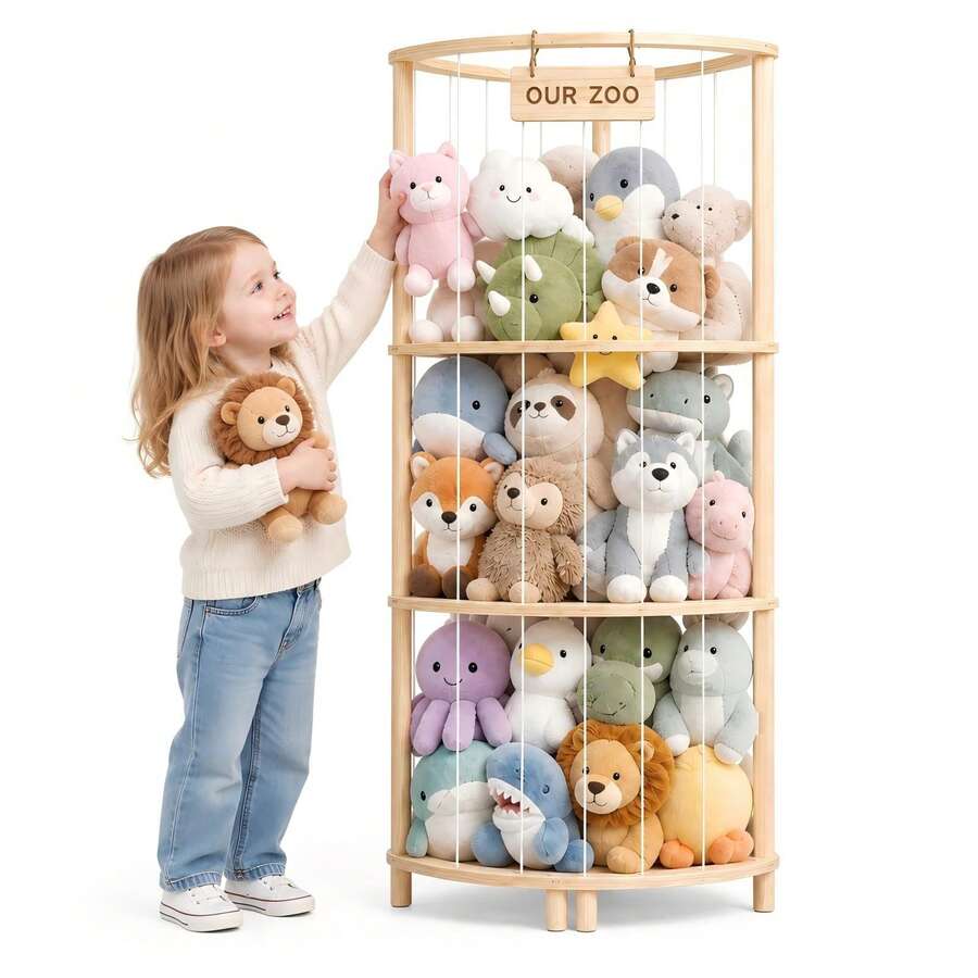 Soft Toy Storage Organiser, Triangular Corner Design, Large Plush Animal Cage With Bottom Storage Box, Space-Saving Vertical Holder For Children's Room, 40cm Wide - View 1