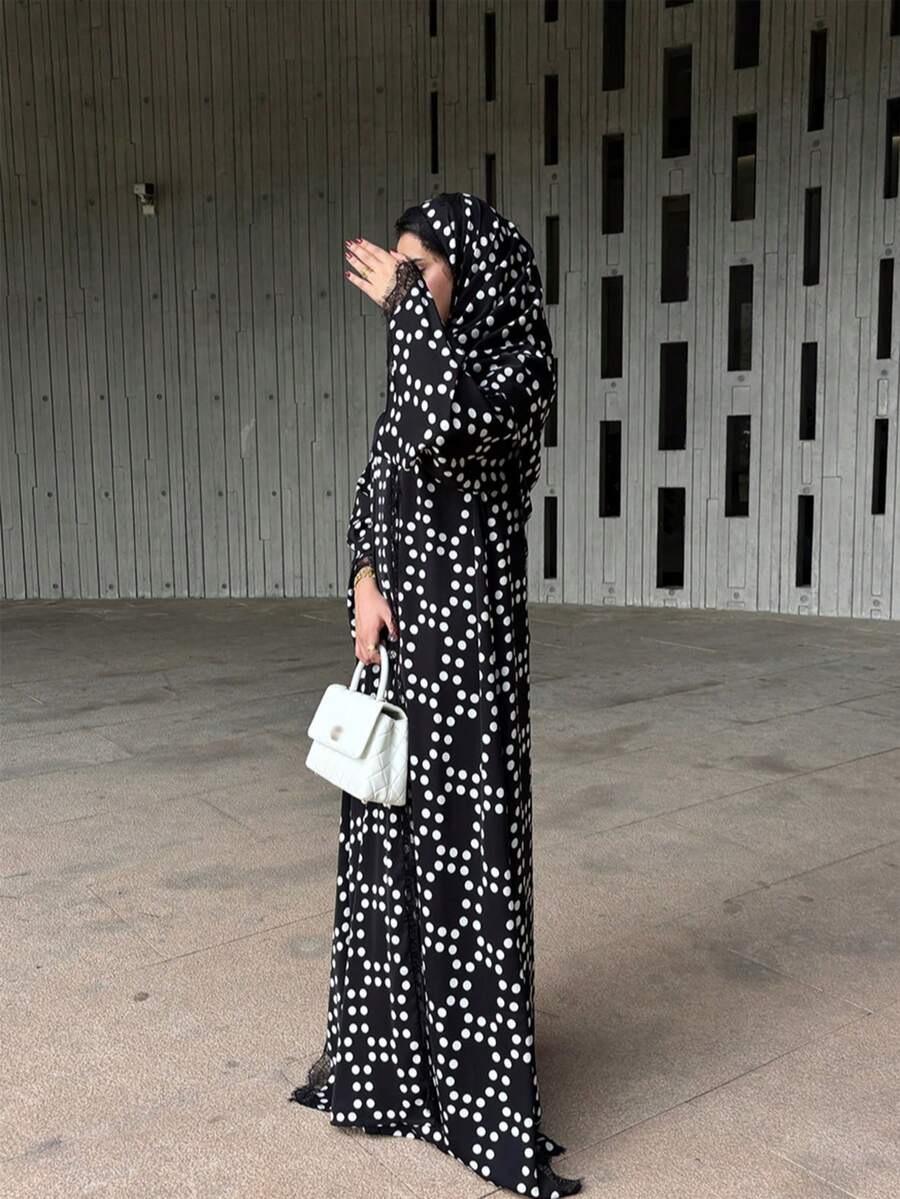 Hafizah عباية نسائية جديدة من الشيفون بنقشة البولكا دوت مع حجاب وتفاصيل دانتيل مرقعة، رداء طويل عصري - الأسود - مشاهدة 1