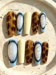 10Pcs Coffin Press On Nails, Tortoiseshell Amber Gradient, Blue Ombre & 3D Pearls Maillard Style False Nails For Party & Autumn - Multicolor - View 1
