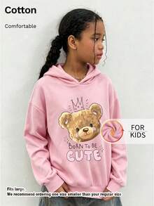 Kids Casual Long Sleeve Cartoon Bear Letter Graphic Hoodie With Drawstring, Drop Shoulder Pullover Sweatshirt For Fall Streetwear - Pink - View 3