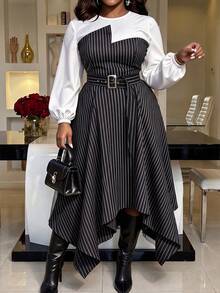 Women's Plus Size Patchwork Striped Round Neck Long Sleeve Asymmetric Hem Casual Dress - Multicolor - View 6