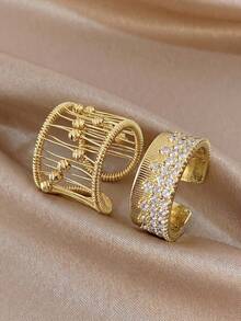 2Pcs Boho Hollow Tassel Bead & Double Row Pave CZ Ring Set, 18K Gold Plated Adjustable Open Stackable Rings For Women Vacation Beach Jewelry Gift - Multicolor - View 5