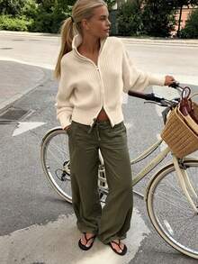 Women's Casual Commute Stylish Elegant Relaxed Solid Color Stand Collar Long Sleeve Drop Shoulder Double Front Zipper Slim-Fit Sweater, Fall Winter - Apricot - View 3