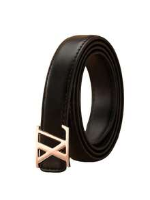 Women's PU Thin Belt, Geometric Cross Letter Design Metal Buckle Leather Belt, 43 Inch Versatile Decorative Waist Belt - Multicolor - View 7