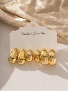 2-18pcs Fashionable Retro New Gold-Plated Women's Earring Set, Including Smooth Polygon Teardrop, Multi-Element C-Shape, Lightweight CCB Material, Suitable For Daily Wear And Festivals - Gold - View 4