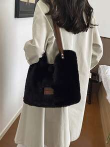 Yogodlns New Women's Large Capacity Furry Tote Bag Commute Shoulder Underarm Bag Soft Plush Winter Daily Bucket Handbags - Black - View 3