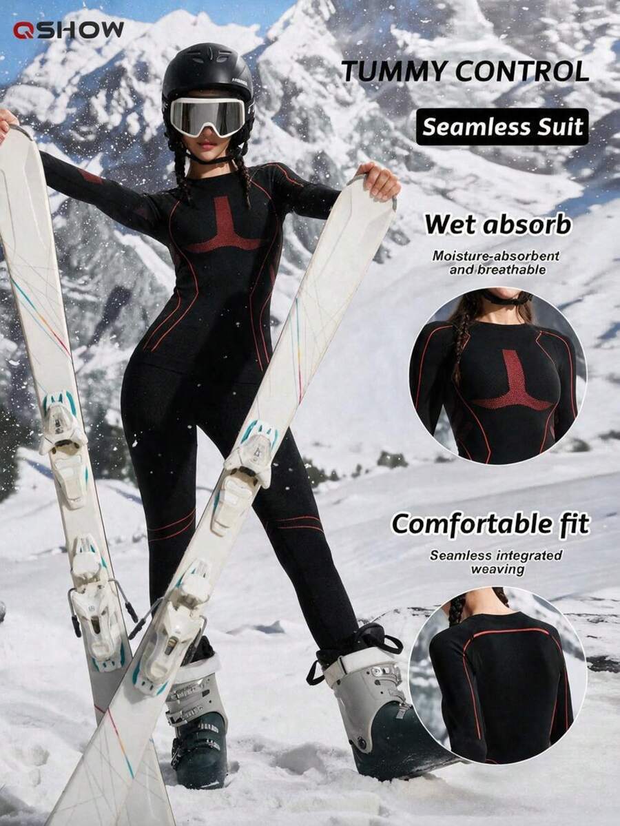 Women's Autumn/Winter Colorblock Elastic Warm Long Sleeve Ski Top And Pants Set - Black - View 1