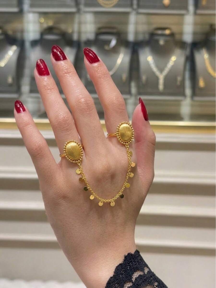 24K Gold Plated Double Chain Set, Rust-Resistant Gold Alternative Round Disc Beaded Pendant Coin Pendant Open Ring Fine Jewelry - Oval - View 1