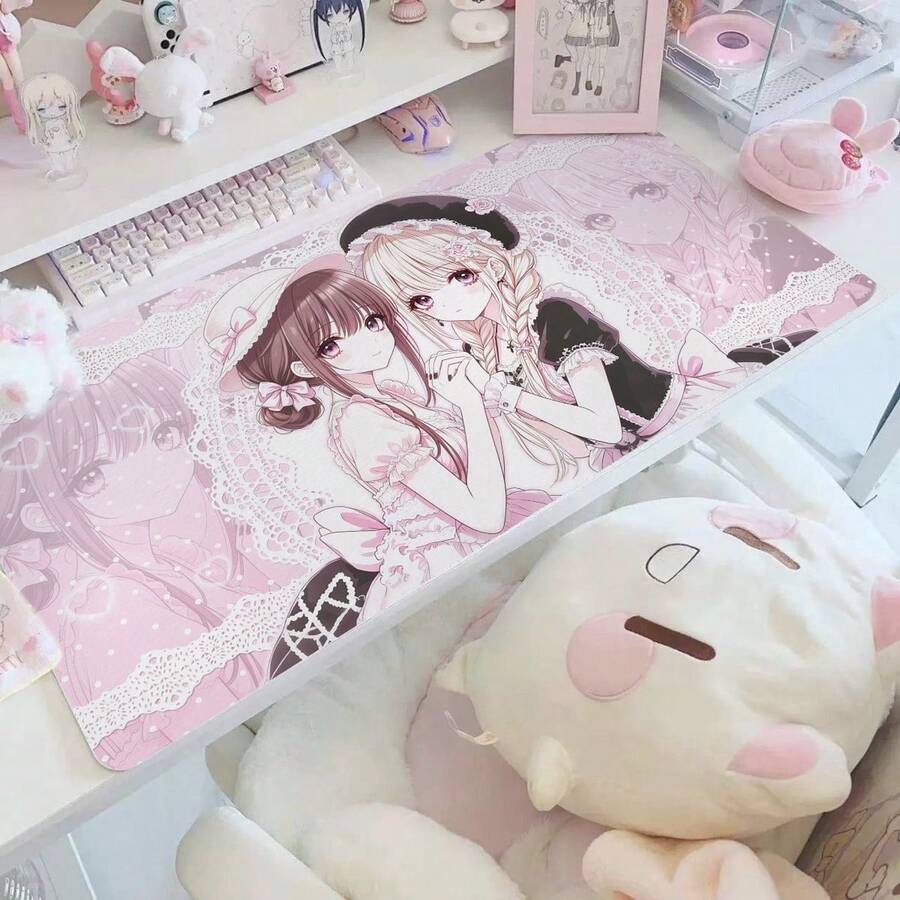 Kawaii Lolita Two Anime Girls PU Leather Desk Mat, Pink Lace Bow Print Large Mouse Pad, Waterproof Non-Slip Table Protector, Cute Aesthetic Keyboard Pad For Girls Gaming Study Decor - View 1