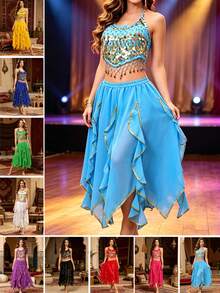 2pcs Belly Dance Performance Costume, Dance Performance Outfit, Top + Belly Band, Chili Pepper Theme Stage Performance Costume, Practice Set, Ruffle Long Skirt, Soft Comfortable Lightweight Chiffon Fabric - Multicolor - View 5