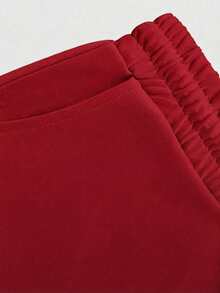 Spring Summer Autumn Women's Solid Color Round Neck Short Sleeve T-Shirt And Elastic Waist Drawstring Shorts, Minimalist Sporty Casual Elegant - Burgundy - View 9