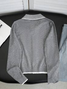 Korean Style Sweet Cute Polka Dot Jacquard Patchwork V-Neck Lapel Grey Knit Cardigan Women Autumn/Winter New Design Stylish Knitwear - Grey - View 9