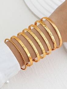 eTel LiKe 7pcs Women's Bracelet Set, Stackable Open Cuff Bracelet Set, Textured Engraved Fashion Jewelry, Minimalist Wrist Accessory Gift - Multicolor - View 9