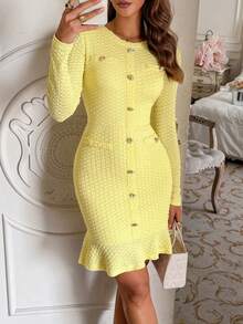 Gaun Mini Lengan Panjang Wanita Unadoll Musim Gugur, Leher Bulat, Kancing Emas Imitasi, Tekstur Bodycon, Hem Bergelombang, Cocok untuk Kembali ke Sekolah, Kencan Malam & Jalan-jalan - Kuning - View 1