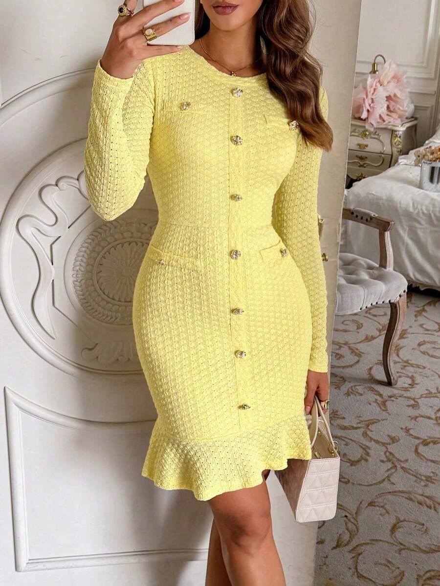 Gaun Mini Lengan Panjang Wanita Unadoll Musim Gugur, Leher Bulat, Kancing Emas Imitasi, Tekstur Bodycon, Hem Bergelombang, Cocok untuk Kembali ke Sekolah, Kencan Malam & Jalan-jalan - Kuning - View 1