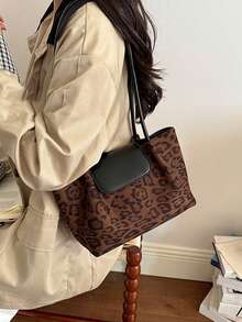 Women's Vintage Leopard Print One Shoulder Tote Bag, Retro Colorblock Faux Leather Flap Bohemian Style Handbag, Soft Lightweight Fabric Underarm Bag - Multicolor - View 12