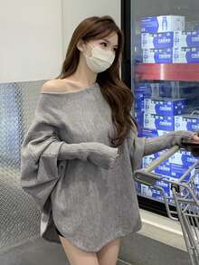 Autumn/Winter Korean Style Elegant Loose Off Shoulder Batwing Sleeve Knit Sweater Inner Layer Women Tops - Grey - View 2