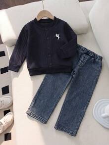 Boys' 2 Pieces Knit Cardigan & Denim Jeans Set, Simple Casual Daily Outfit, Long Sleeve, Spring/Autumn - Baby Blue - View 2