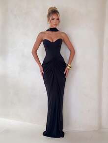 Women's Strapless Heart Neckline Ruched Cowl Neck Ribbon Long Party Dress - Black - View 9