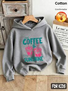 Autumn/Winter 3 Pieces Set Girls Hooded Fleece Sweatshirt, "MORE AMOR POR FAN", Coffee Color, Sun And Letter Pattern, Long Sleeve Cotton Y2K Style - Heather Gray+Heather Gray+Heather Gray - View 4