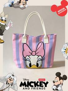 Miniso 迪士尼 Daisy Duck 帆布托特包，粉色與紫色垂直條紋印花，附手柄肩背包，適合日常使用 - 白色 - 查看 7